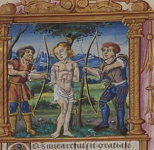 The martyrdom of St. Sebastian: tied to a tree, he is pierced by arrows