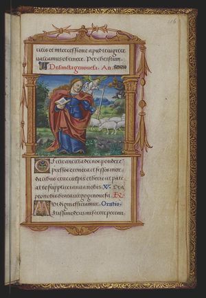 A demon blows out the candle of St. Genevieve (with bellows); an angel relights it