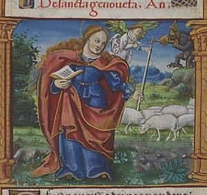 A demon blows out the candle of St. Genevieve (with bellows); an angel relights it