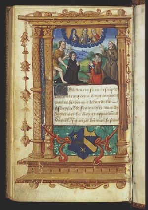 Jehan de Luc and Françoise Brinnon being recommended by St. John the Baptist, holding the lamb, and St. Francis, showing the stigmata, to Christ, Mary and St. John