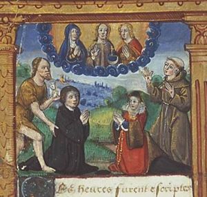 Jehan de Luc and Françoise Brinnon being recommended by St. John the Baptist, holding the lamb, and St. Francis, showing the stigmata, to Christ, Mary and St. John