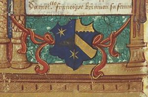 Coat of arms and device of Jehan de Luc and Françoise Brinnon: 'out of the strong came forth sweetness' (Judges 14:14)