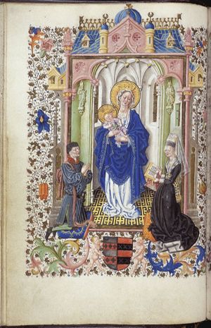 Mary with the Christ-child and a male and female donor; Moses and Aaron (background)