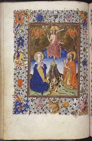 The Last Judgement: Christ on a rainbow raises the dead in the presence of Mary and St. John the Baptist