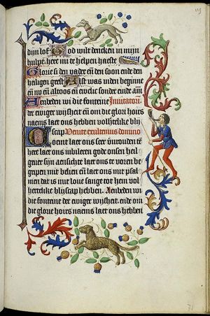 Hunter blowing the horn, holding a spear and hunting with dogs