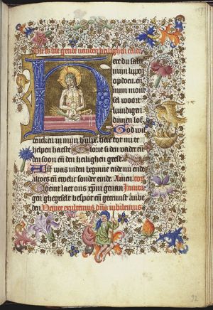 Man of Sorrows: Christ in his tomb, holding scourge and reed