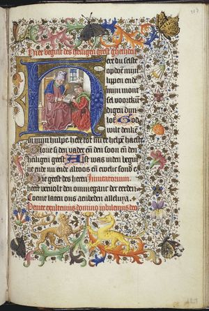 Teacher teaching a young man; the Holy Spirit as dove on the young man's head: Trinity(?)