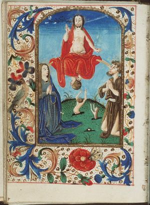 The Last Judgement: Christ on a rainbow raises the dead in the presence of Mary and St. John the Baptist