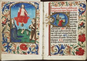 The Last Judgement: Christ on a rainbow raises the dead in the presence of Mary and St. John the Baptist