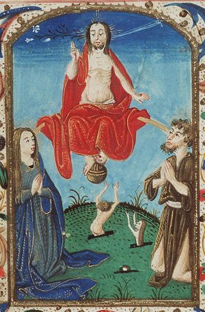 The Last Judgement: Christ on a rainbow raises the dead in the presence of Mary and St. John the Baptist