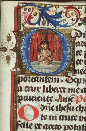 Man of Sorrows: Christ in his tomb, holding scourge and reed