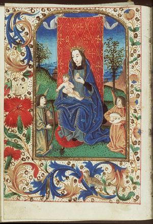 Madonna: Mary holding the Christ-child, angels holding a curtain and making music: lute and harp