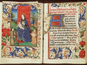 Madonna: Mary holding the Christ-child, angels holding a curtain and making music: lute and harp