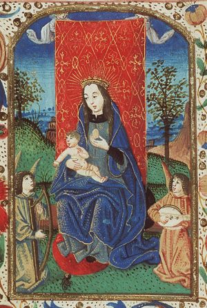Madonna: Mary holding the Christ-child, angels holding a curtain and making music: lute and harp