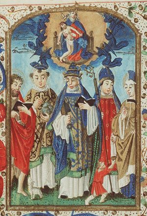 The Trinity: God the Father holding the body of Christ (Not Gottes); adoring angels; Sts. John the Baptist, Stephen, Peter, Martin, Mary Magdalene